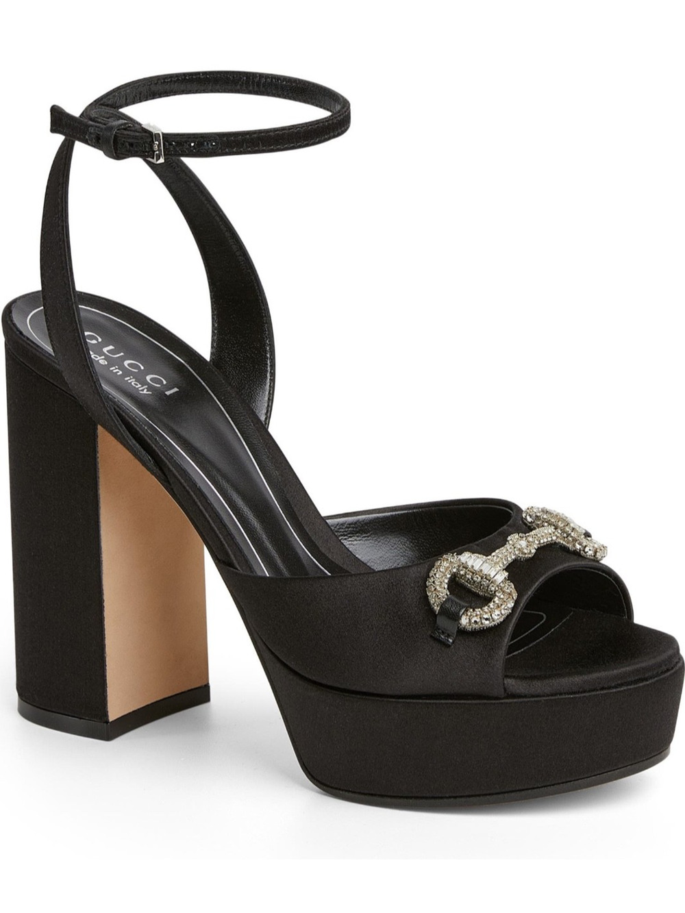 Gucci Black Satin Crystal Horsebit Ankle Strap Block Heel Platform Sandal 36.5